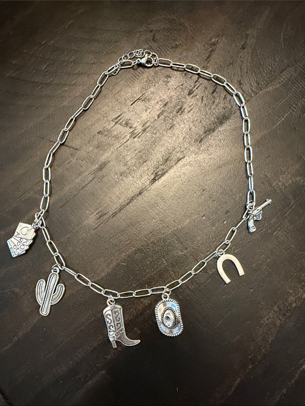 Silver Western Charm Necklace with Cowboy Hat, Boot & Cactus